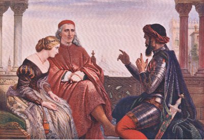 El cortejo de Desdémona (Otelo) "Donde hablé de las más desastrosas oportunidades, de accidentes conmovedores por inundación y campo", de Las Obras Completas de William Shakespeare, publicado por J Coker & Co Ltd de Charles West Cope