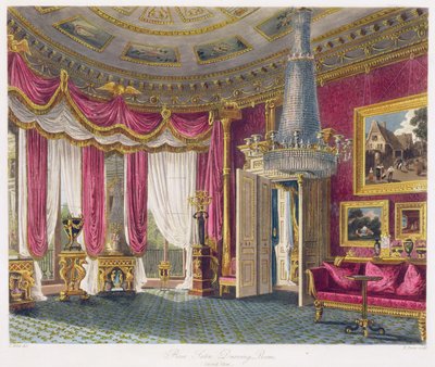 Sala de Dibujo de Satén Rosa (segunda vista) Carlton House, grabado por R. Reeve de 