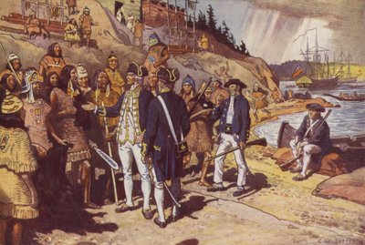 Capitán Cook en Nootka (litografía en color) de Charles William (after) Jefferys