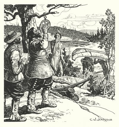 Champlain haciendo una observación con el astrolabio, en el Ottawa de Charles William (after) Jefferys