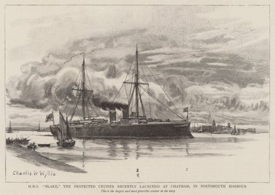 HMS Blake, el Crucero Protegido recientemente lanzado en Chatham, en el Puerto de Portsmouth de Charles William Wyllie