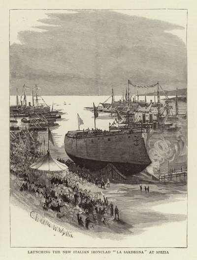 Lanzamiento del nuevo acorazado italiano La Sardegna en Spezia de Charles William Wyllie