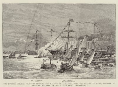 El Vapor Egipcio Fayoum entrando en el Puerto de Alejandría con el Jedive a Bordo, escoltado por Cruceros de la Guardia Costera, en el Regreso de Constantinopla de Charles William Wyllie