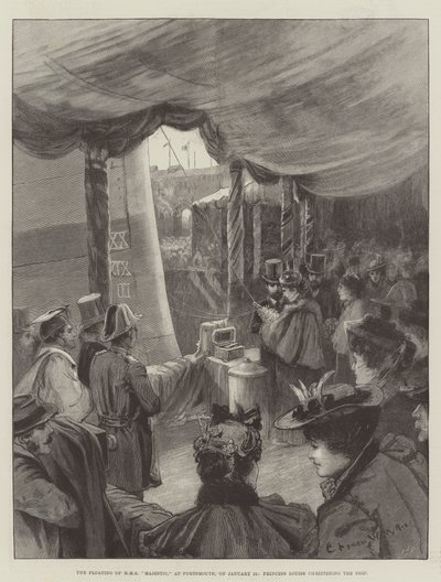 El Flotamiento del HMS Majestic, en Portsmouth, el 31 de enero, la Princesa Louise bautizando el barco de Charles William Wyllie