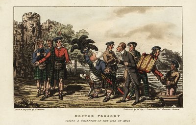 Turista inglés con falda escocesa encontrándose con un jefe de clan fuera de un castillo medieval en la Isla de Mull, Hébridas Interiores, Escocia de Charles Williams