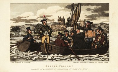 Turistas ingleses y escocés con chaqueta de tartán navegando en Loch Leven en las tierras altas escocesas de Charles Williams
