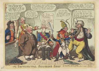 Napoleón como barbero para las potencias europeas, 1806 The Continental Shaving Shop (título sobre el objeto) de Charles Williams