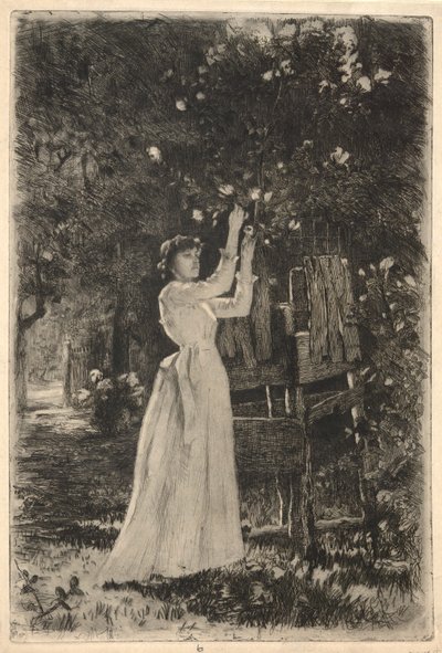 una mujer joven recogiendo flores de un árbol de Charles Yardley Turner