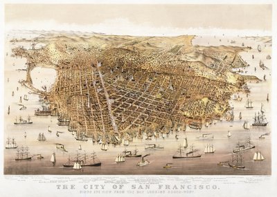 La ciudad de San Francisco, vista aérea desde la bahía mirando al suroeste, publicada por Currier & Ives de Charles Richard Parsons