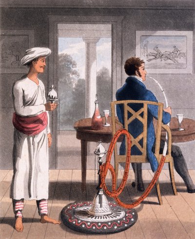 Un caballero con su Hookah Burdah, o portador de pipas, 1813 de Charles d Oyly