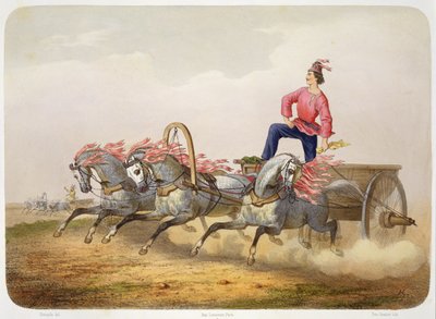 Carreras de carruajes, grabado por Yves Grenier de Charles de Hampeln