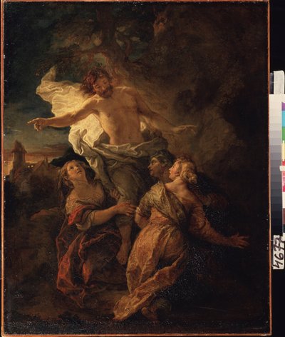 Cristo y las Santas Mujeres. (Cristo y las Santas Mujeres). Jesucristo resucita ante las tres vírgenes. Pintura de Charles de La Fosse (1636-1716), principios de 1680. Arte francés de estilo barroco. Óleo sobre tela. Museo Pushkin, Moscú. de Charles de la Fosse