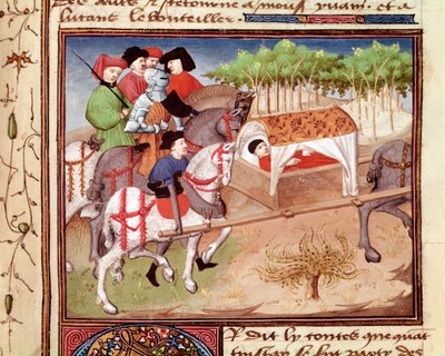 Lucan se hiere con Tristán Miniatura tomada del "Romanesque du Chevalier Tristan" del maestro Charles de Maine (versión Beroul) de Charles du Maine Master