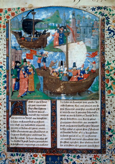 Tristán e Iseult (Isolda o Yseult) abandonan Irlanda, Tristán bebe el filtro del amor. En el fondo sus dos cuerpos vuelven a Irlanda. Miniatura del manuscrito ms. 103 f.1 La novela de Tristán" atribuida al maestro Carlos de Maine. Siglo XV de Charles du Maine Master