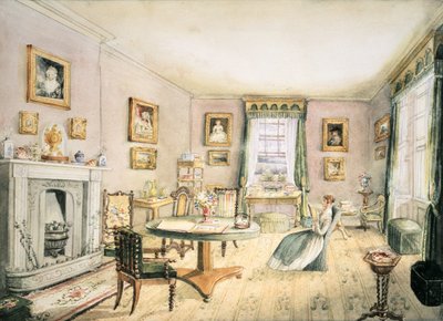 El salón, East Wood, Hay, f54 de un álbum de interiores de Charlotte Bosanquet