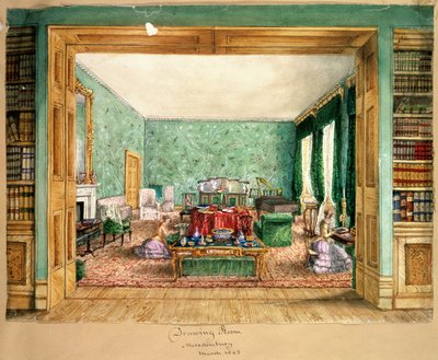 El salón en Meesdenbury, f13 de Un álbum de interiores, 1843 de Charlotte Bosanquet