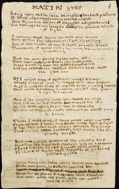 Poema de Charlotte Bronte. Copia autógrafa, con tachaduras, del poema "Matin". 12 de noviembre de 1830, en Haworth, co. York: 1830. Haworth, co. York. de Charlotte Bronte
