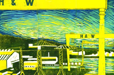 Harland & Wolff Cranes, Belfast, 2022 (linograbado) de Charlotte Orr