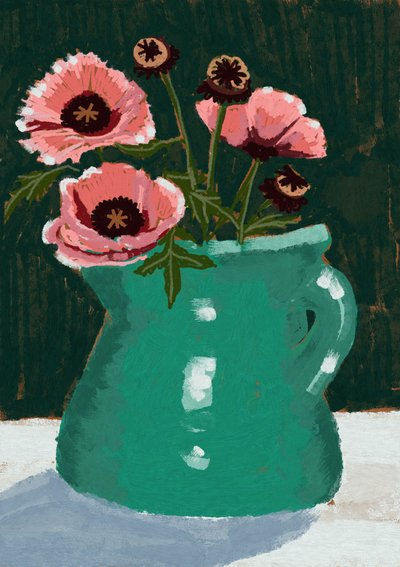 Amapolas rosas en un jarrón verde de Charlotte Trudgett