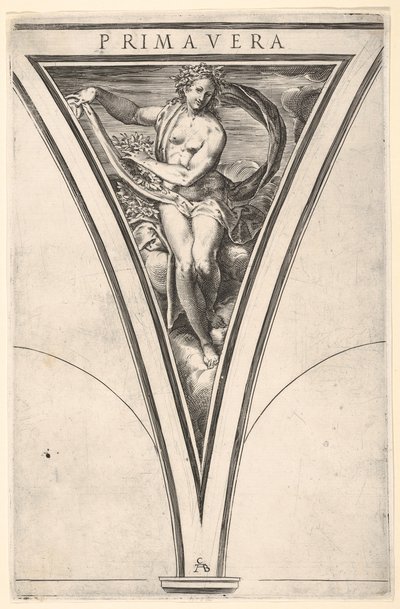 Primavera representada como una mujer con un manto ondeante y guirnaldas de Cherubino Alberti