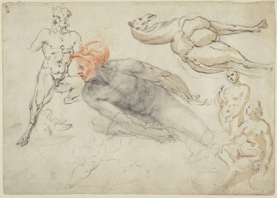 Estudios de desnudos masculinos y femeninos, un sátiro y un camello (anverso); estatua de Marco Aurelio (reverso) de Cherubino Alberti