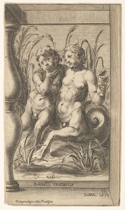 Dos tritones abrazándose, uno tocando una flauta de pan, el segundo sosteniendo una concha, 1579 de Cherubino Alberti