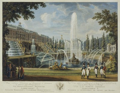 Vista de la Gran Cascada, Fuente de Sansón y Gran Palacio en Peterhof, principios del siglo XIX de Chessky
