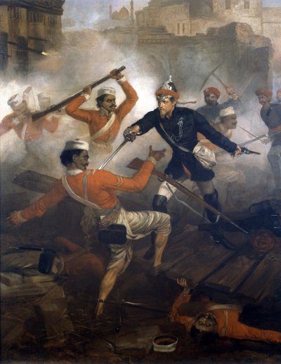 El teniente William Alexander Kerr (1832-1919) obtiene la Cruz de la Victoria durante el motín de la India, julio de 1857, c.1860 (óleo sobre lienzo) de Chevalier Louis William Desanges