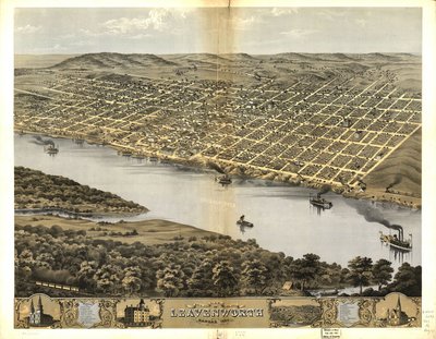Vista aérea de la ciudad de Leavenworth, Kansas 1869 de Chicago Lithographing Co.