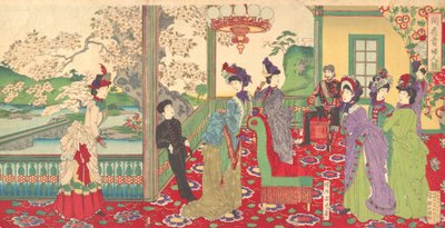 Un concurso de damas elegantes entre los cerezos en flor, septiembre de 1887 de Chikanobu Yoshu