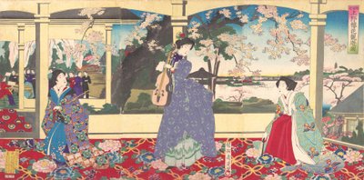 Fiesta de baile: disfrutando de la vista de los cerezos en flor en Ueno Tobukai Ueno oka yuran no z..., marzo, 1887 de Chikanobu Yoshu