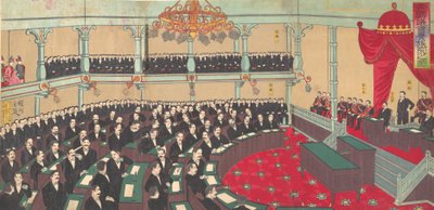 Ilustración de La Asamblea Imperial de la Cámara de Pares de Chikanobu Yoshu