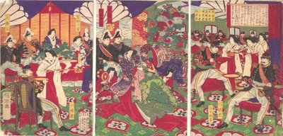 Líderes de la pacificación de los rebeldes de Kagoshima celebrando con copas, 20 de septiembre de 1877 de Chikanobu Yoshu