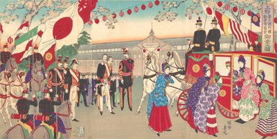 Visita de la Emperatriz a la Tercera Exposición Nacional de Promoción Industrial en el Parque Ueno, 1889 de Chikanobu Yoshu