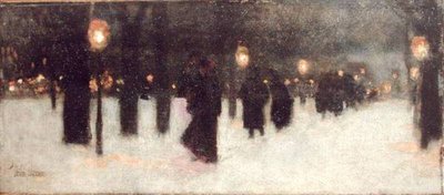 Across the Common on a Winter Evening, c.1885-86 (óleo sobre tabla) de Childe Frederick Hassam