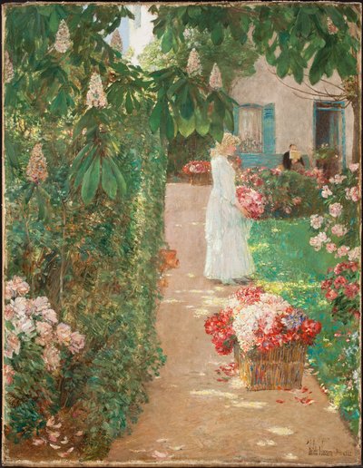 Recogiendo flores en un jardín francés (óleo sobre lienzo) de Childe Frederick Hassam