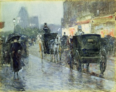 Horse Drawn Cabs at Evening, New York, c.1890 (acuarela y gouache sobre papel) de Childe Frederick Hassam