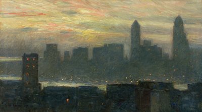 Atardecer brumoso en Manhattan de Childe Frederick Hassam