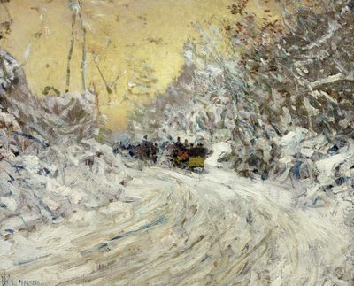 Paseo en trineo por Central Park (óleo sobre lienzo) de Childe Frederick Hassam