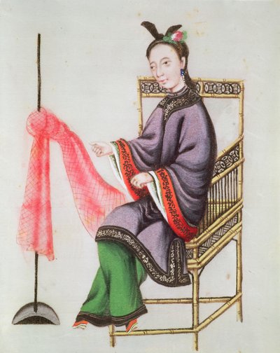 Una mujer china haciendo una red de pesca, período Qianlong (1736-96) de Chinese School