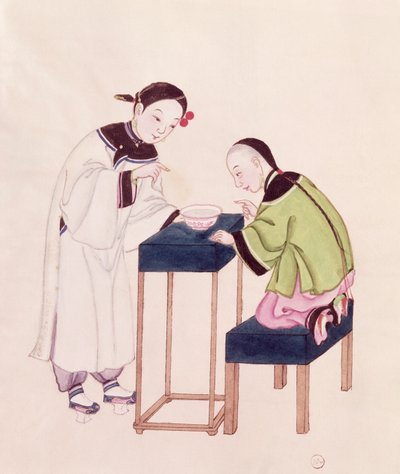 Una niña buscando suerte en un cuenco de agua de Chinese School