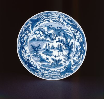 Plato azul y blanco pintado con un sabio y su asistente, marca y período Wanli, 1573-90 de Chinese School