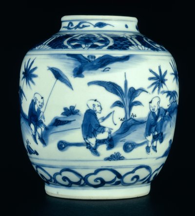 Jarra azul y blanca pintada con niños jugando en caballitos de juguete, Wanli o Chongzheng, 1600-30 de Chinese School