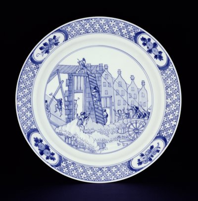 Plato azul y blanco que representa los disturbios de Róterdam de Chinese School