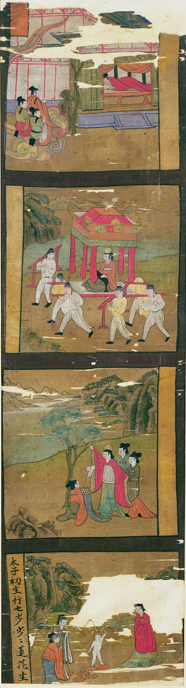 Escenas de la vida de Buda, Tunhuang, siglo VII-VIII (pintura en estandarte de seda) de Chinese School