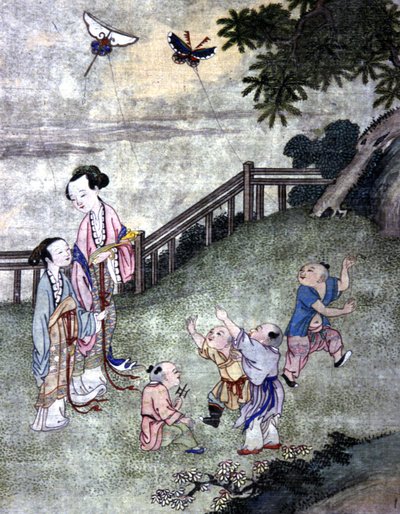 Niños jugando a la cometa, mediados del siglo XIX (grabado) de Chinese School