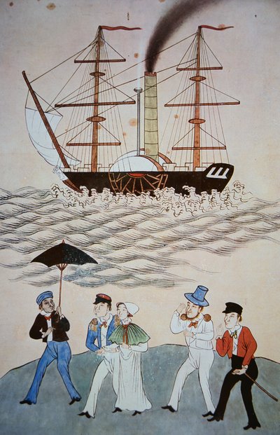 Pintura china del primer barco de vapor británico y pasajeros que desembarcaron en Cantón c.1840 de Chinese School