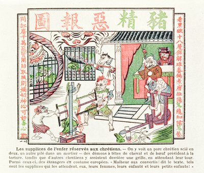 Cerdo cristiano siendo aserrado por la mitad, mientras que un segundo es aplastado en un mortero, castigos que esperan a los conversos al cristianismo, 1891 de Chinese School