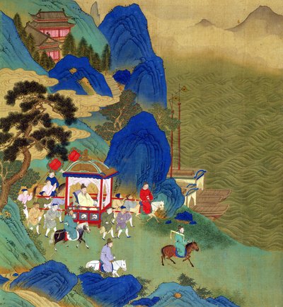 Emperador Chin Wang Ti viajando en un palanquín, de una historia de emperadores chinos de Chinese School