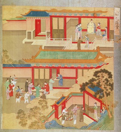Emperador Hsuan Tsung (712-756 d.C.) en casa, de una historia de emperadores chinos de Chinese School